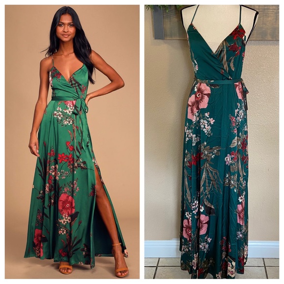 Lulus | Dresses | Nwt Lulus Still The One Emerald Green Floral Print Satin Maxi Dress